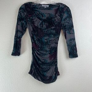 Classiques Entier Womens XS Ruched Abstract Floral Ruffle Scoop Neck 3/4 Sleeve